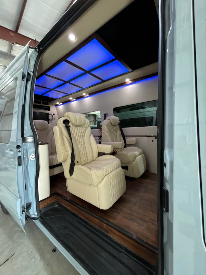 Blue-lit skylight cabin